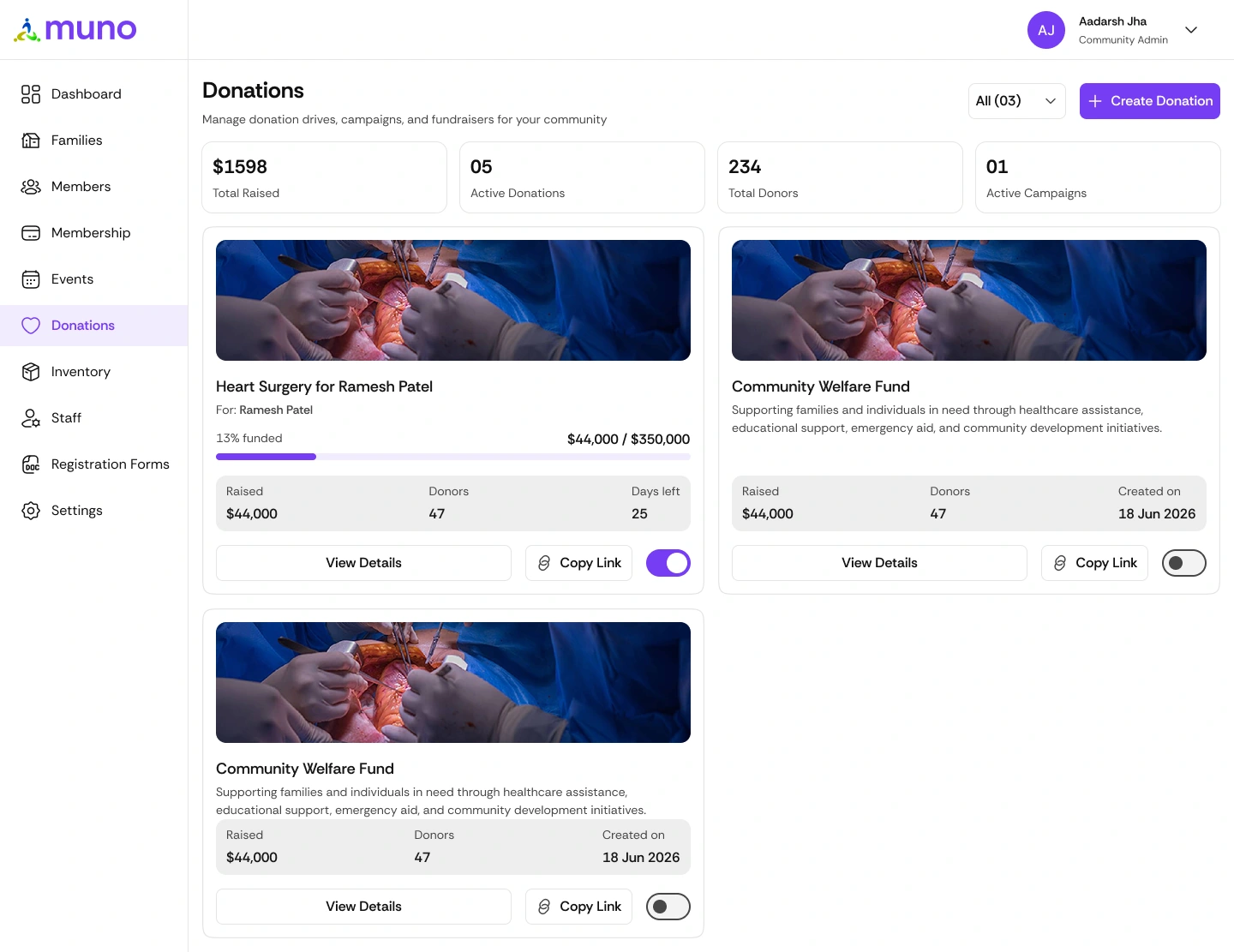 Muno Donations software screen