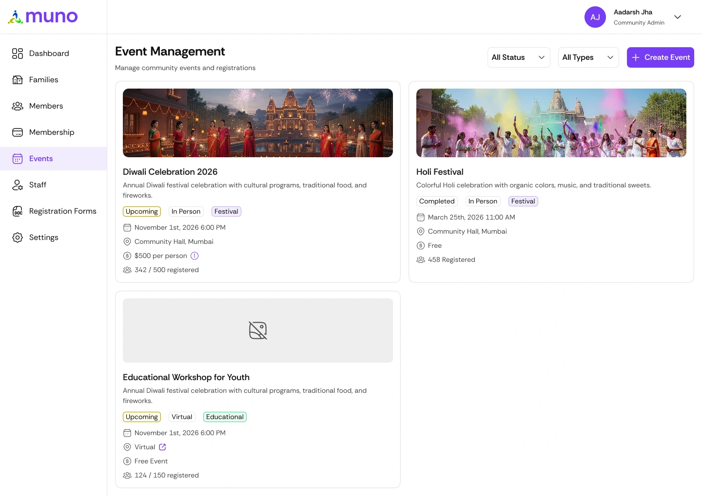 Muno Events software screen