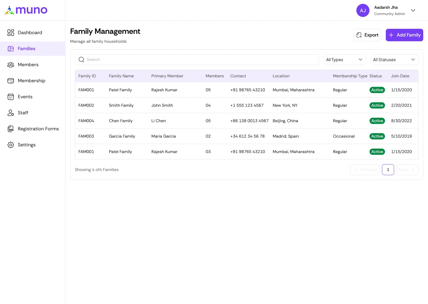 Muno Family software screen