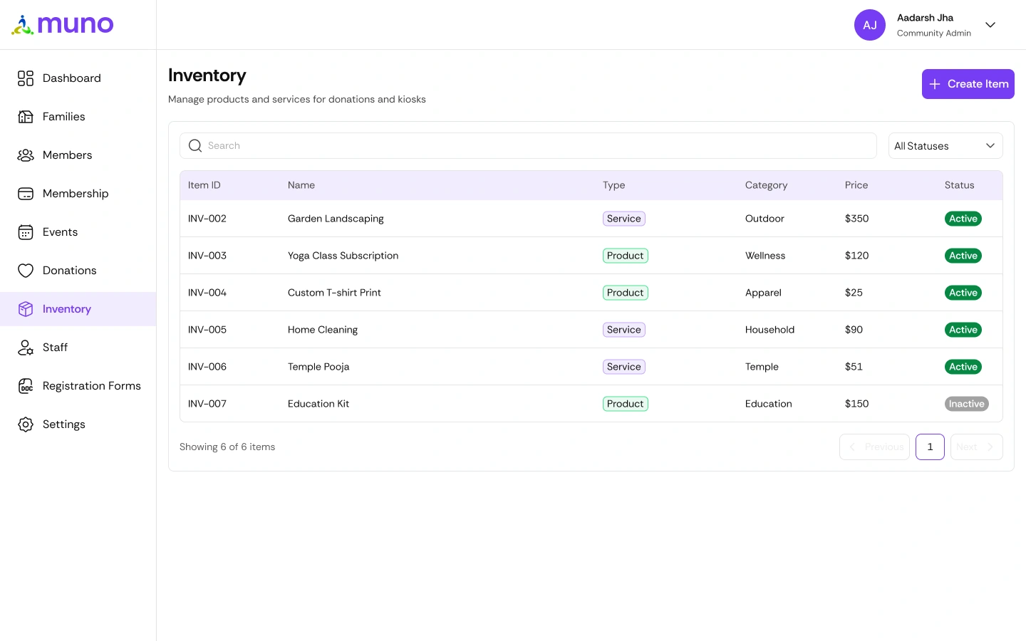 Muno Inventory software screen
