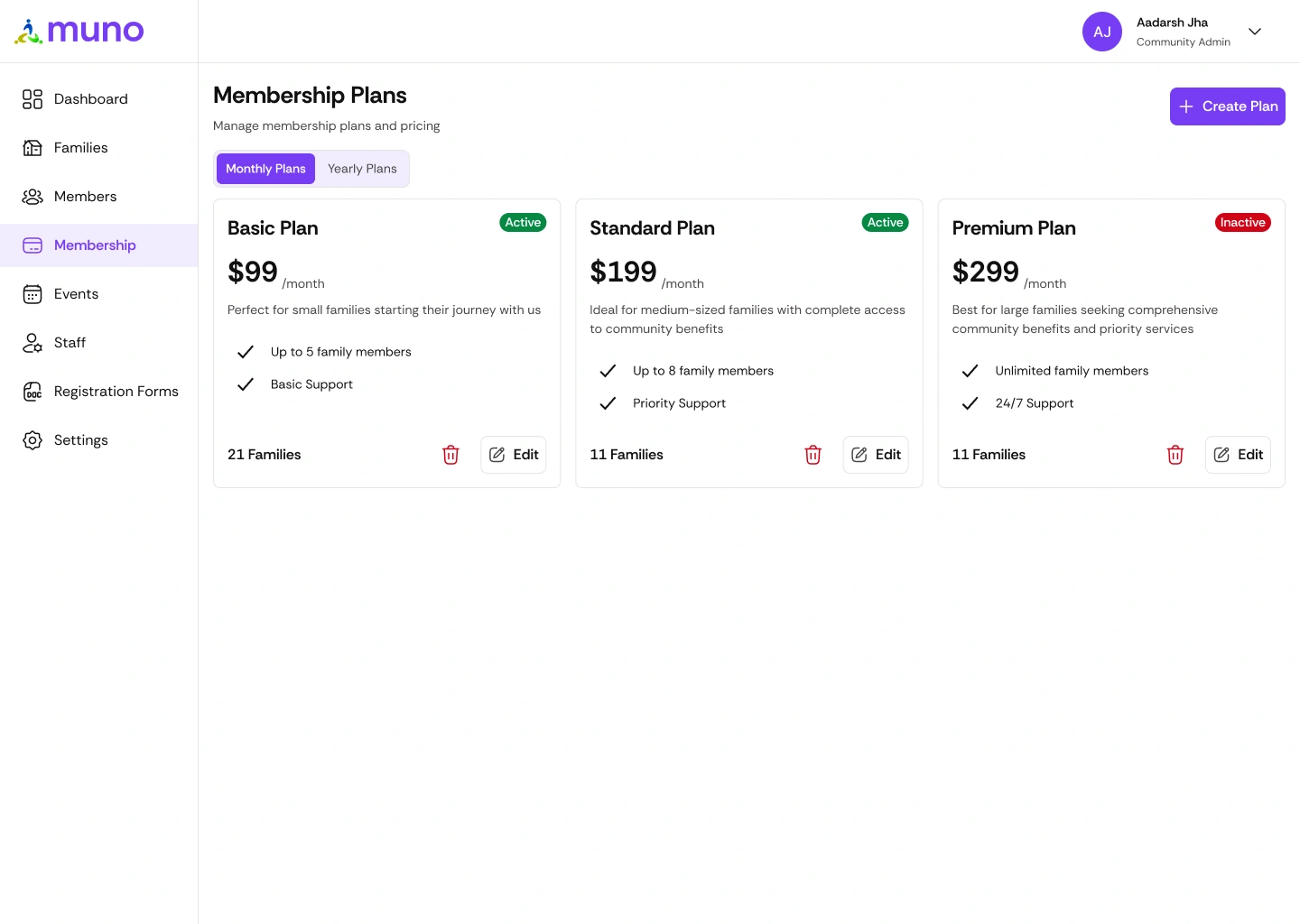 Muno Membership software screen