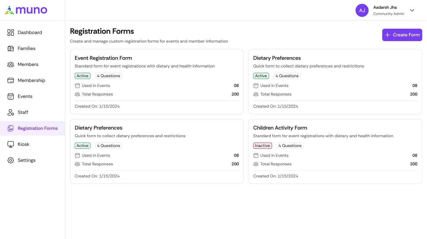 Muno Registration Forms software screen