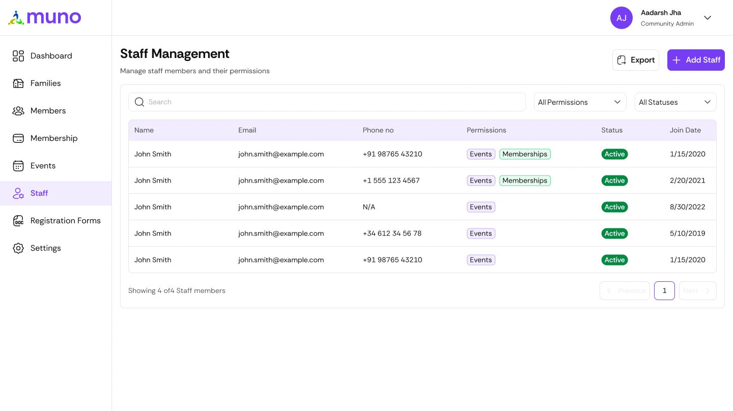 Muno Staff software screen